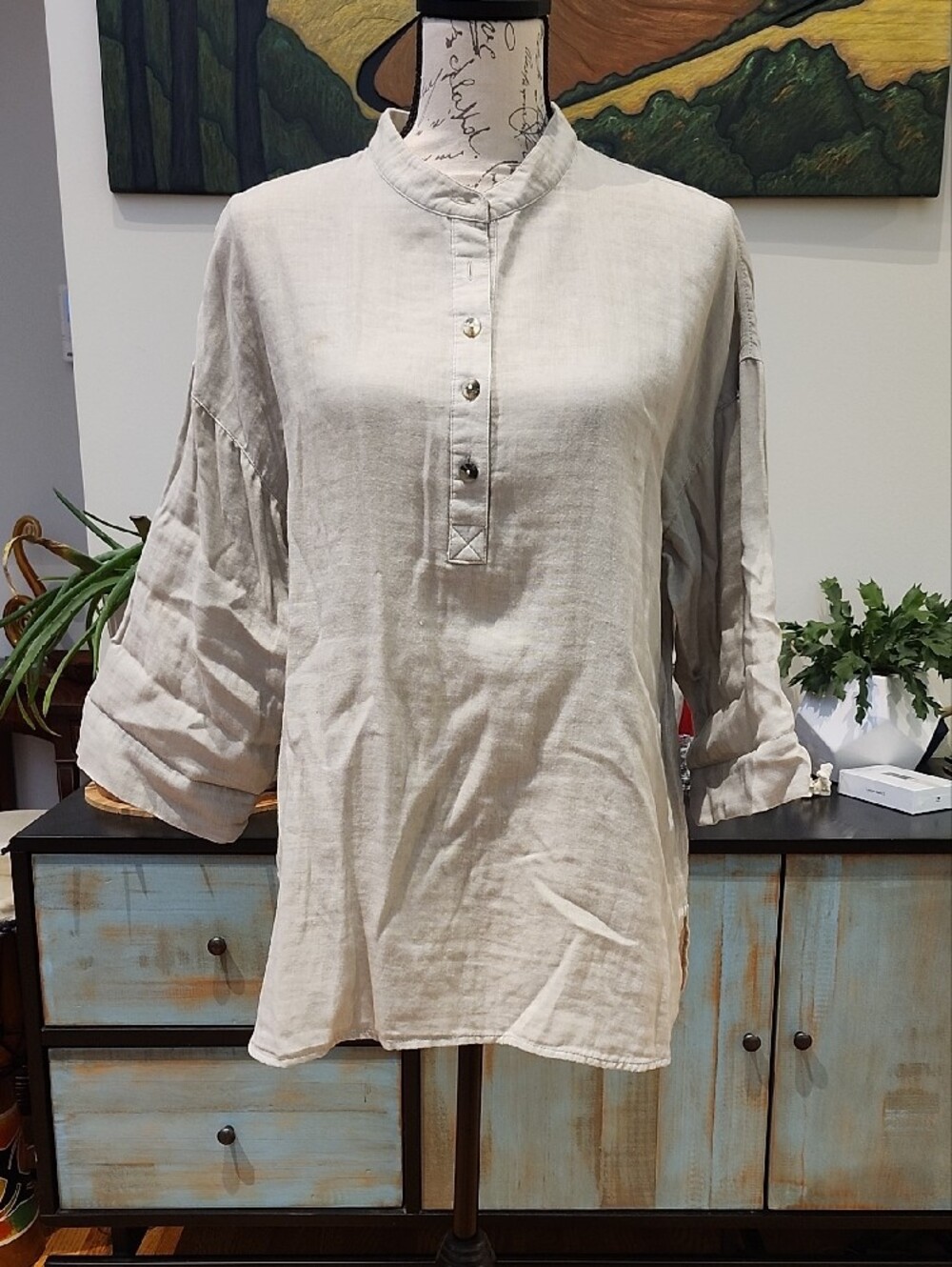 J. Jill 100% Cotton Mandarin Collar Tunic Blouse 3/4 Sleeves